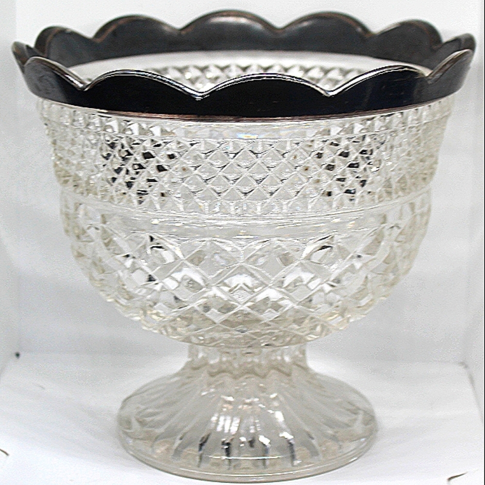 Vintage Anchor Hocking Wexford Pedestal Cut Crystal Bowl with Scalloped Sterling